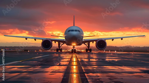 A large jetliner taking off from an airport runway at sunset or dawn with the landing gear down and the landing gear down, as the plane is about to take off