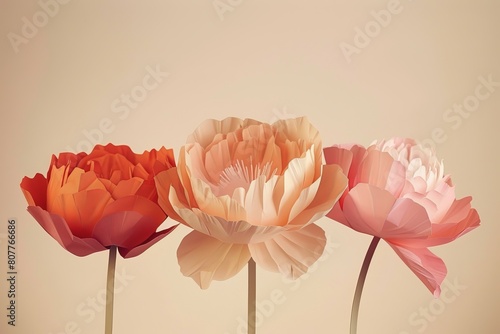 Three pink flowers are standing next to each other. The flowers are of different sizes and are arranged in a row. The background is a light color  which gives the flowers a sense of depth