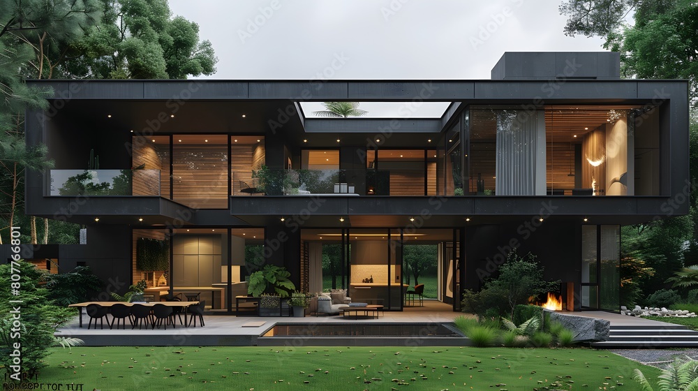 A modern house with black walls, wooden windows and doors, a large ...