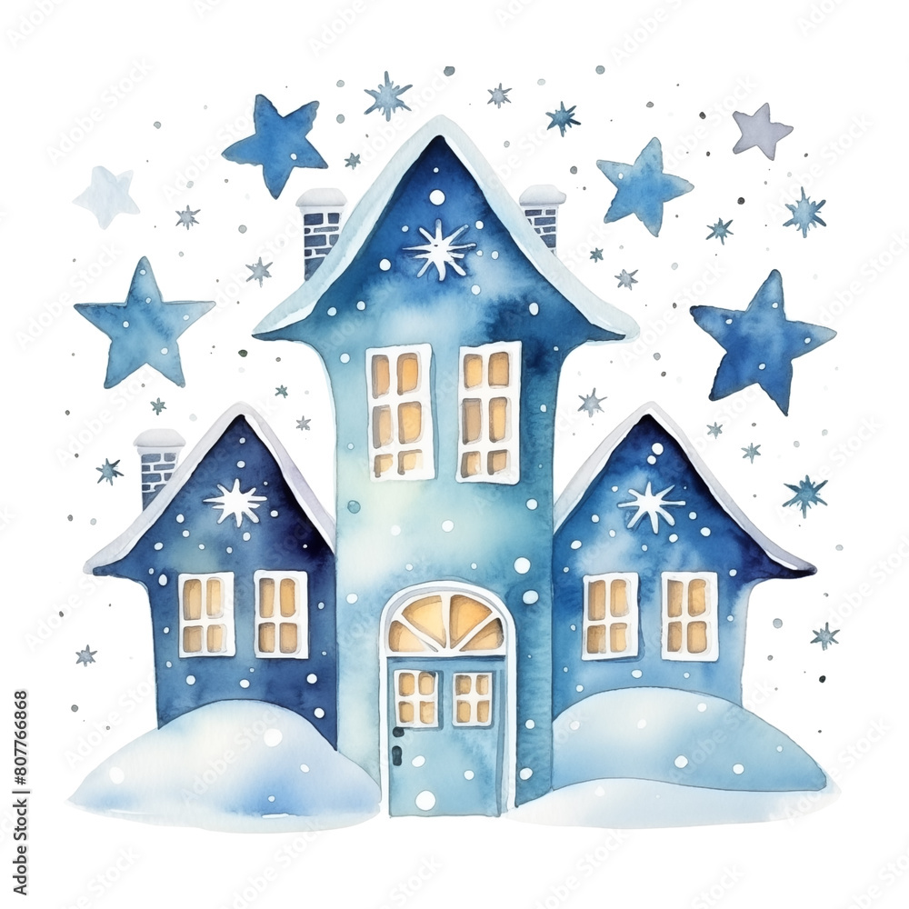 Watercolor blue house covered in snow with stars isolated on white background.