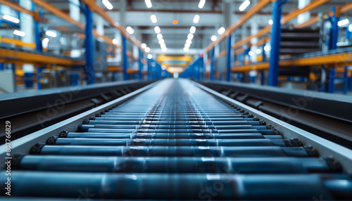 View of a sophisticated conveyor system stretching down a large industrial warehouse, essential for streamlined operations and logistics.