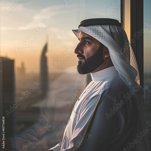 A emarati man in his late thirties with beard wearing emarati dress is standing at the window of an office overlooking Dubai at sunrise.