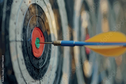 close up red dart arrow hitting on target center of dartboard, sport and recreation, planning and manage to success business, economic crisis risk and problem concept