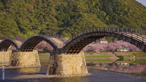 Kintaikyo Bridge in Iwakuni, Tilt Reveal from Castle to Arched Bridge photo