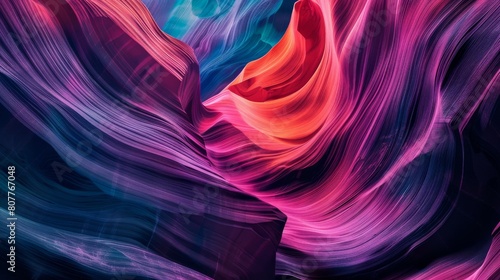 A colorful, abstract painting of a canyon with a red and blue swirl. The painting is full of vibrant colors and has a sense of movement and depth