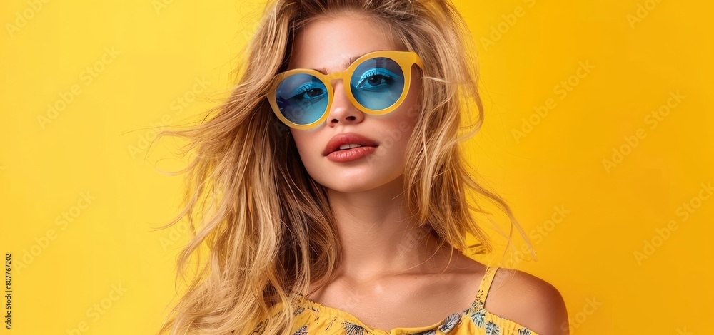 fashionable studio portrait of a girl on a yellow background fashionable studio portrait of a girl on a yellow background