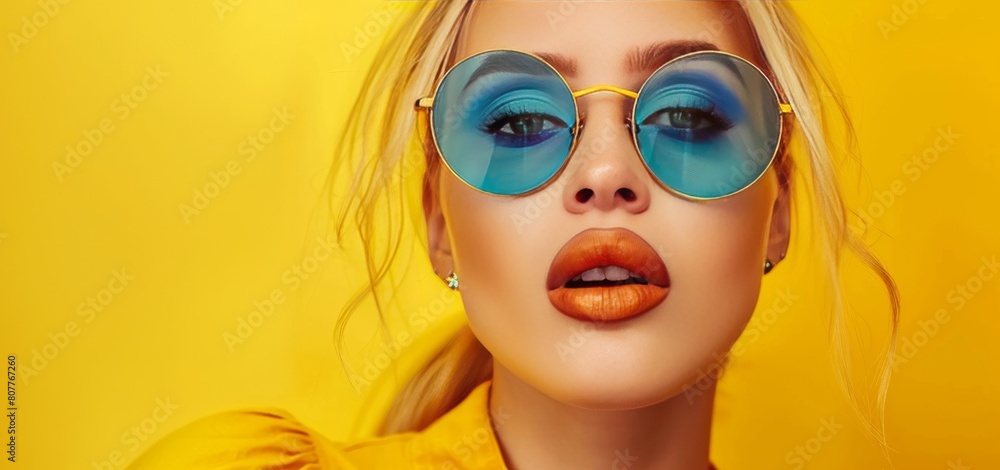 fashionable studio portrait of a girl on a yellow background fashionable studio portrait of a girl on a yellow background