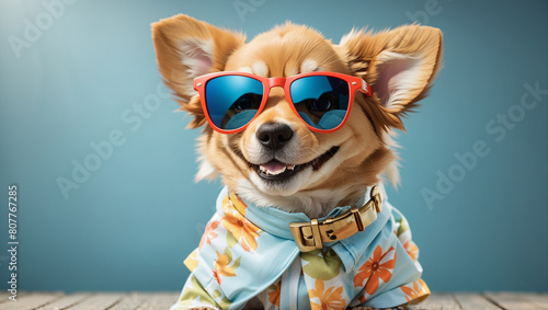 A small dog is wearing a straw hat, sunglasses, and a hawaiian shirt © Hammad