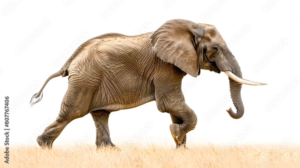 Obraz premium Majestic African Elephant in Motion Against a Clear Background. Wildlife Scene Captured in Natural Habitat. Ideal for Educational and Decorative Purposes. AI