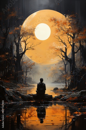 surreal illustration - a man sitting in a meditative pose beneath an ancient tree
