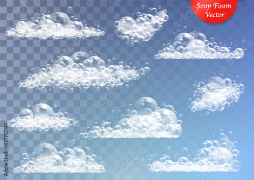 Realistic soap foam with clean froth bubbles isolated vector illustration on transparent background
