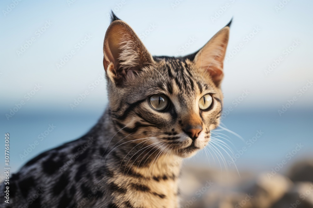 Close-up portrait photography of a funny savannah cat corner rubbing isolated in beach background
