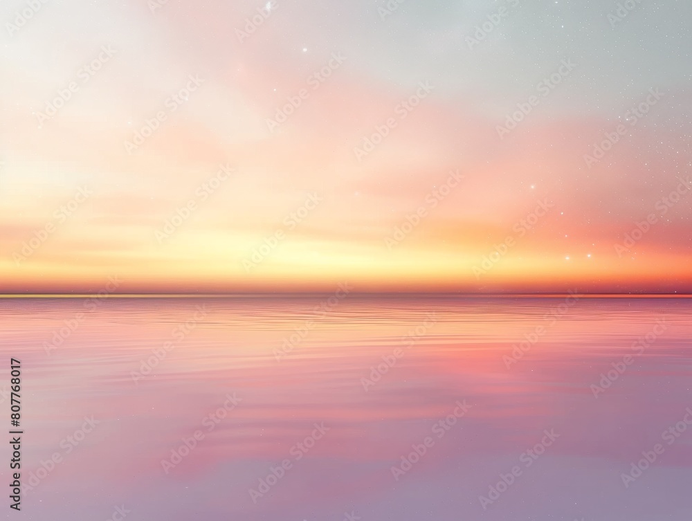 A beautiful sunset over a calm ocean with a few stars in the sky
