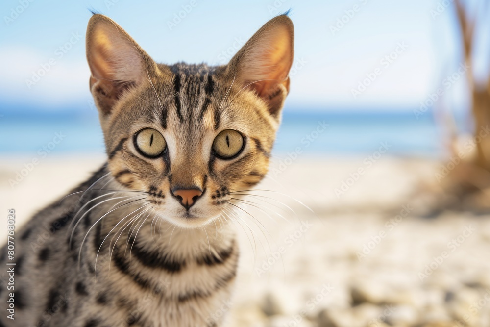 Close-up portrait photography of a funny savannah cat corner rubbing isolated in beach background