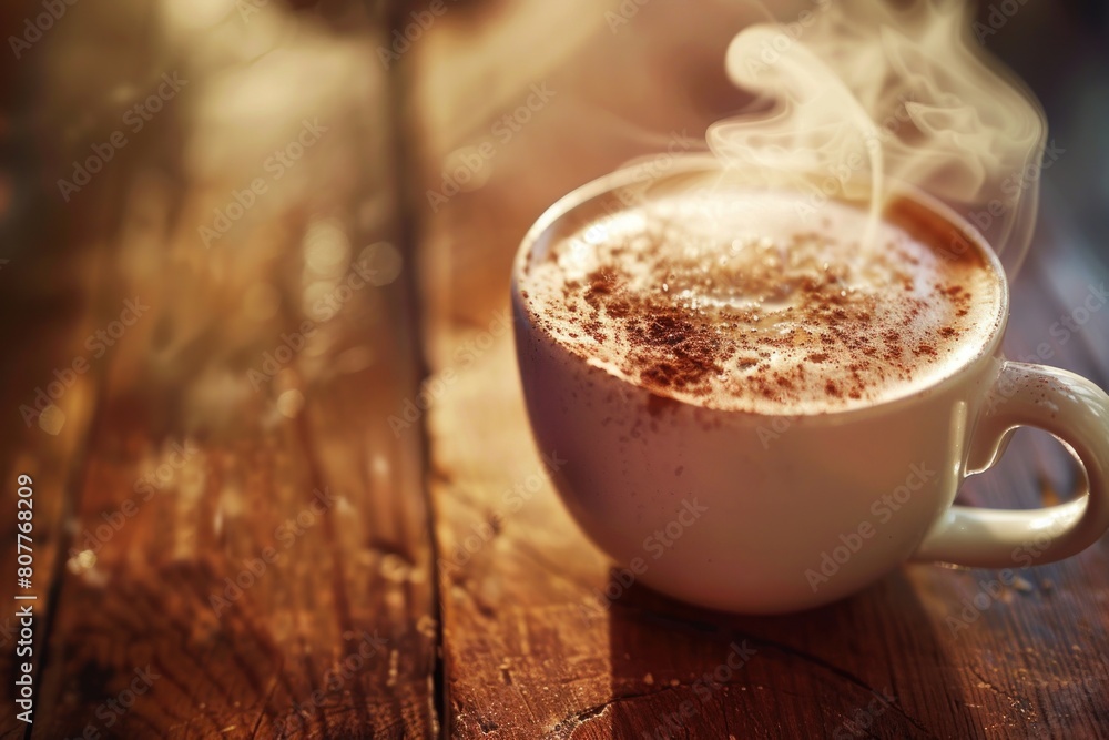 A white coffee cup with a brown swirl of cream on top sits on a wooden table A white coffee cup with a brown swirl of cream on top sits on a wooden table