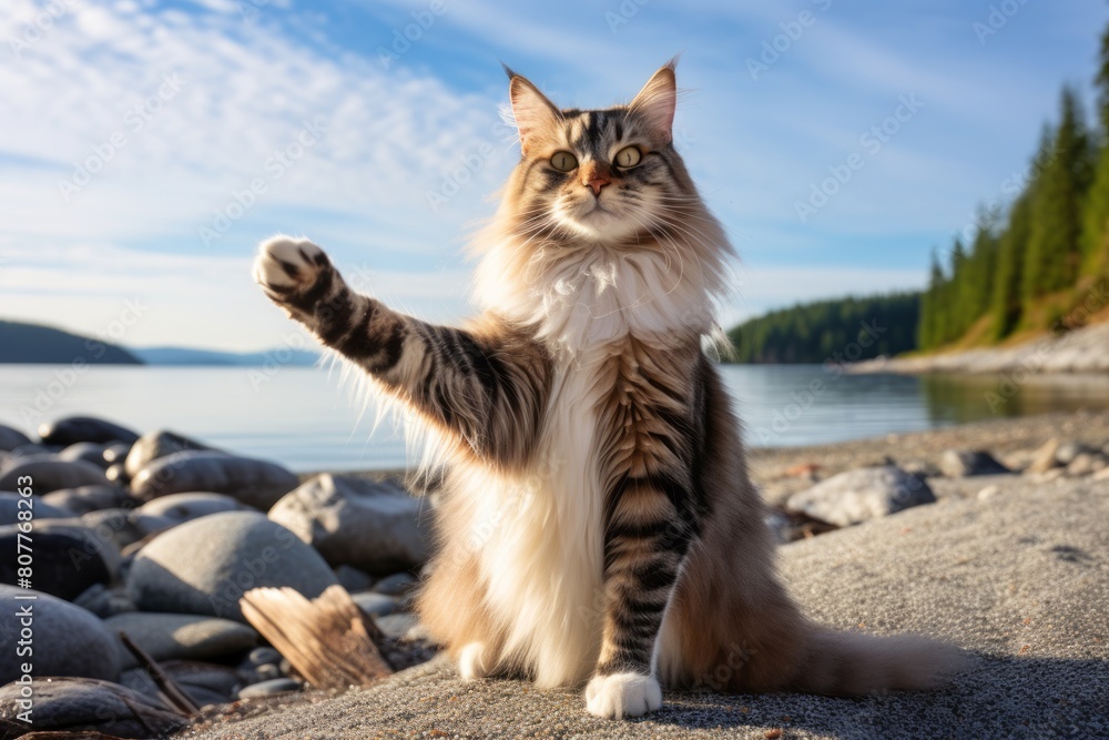 Obraz premium Medium shot portrait photography of a funny norwegian forest cat stretching a back while standing against beach background