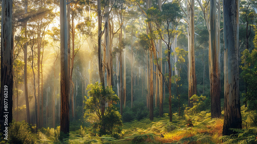 eucalyptus forest bathed in soft sunlight, with tall eucalyptus trees stretching towards the sky and casting dappled shadows on the forest floor, creating a tranquil and serene natural scene. © Sajawal