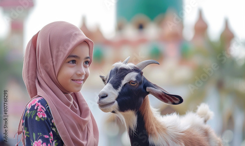a girl and cute goat with mosque background