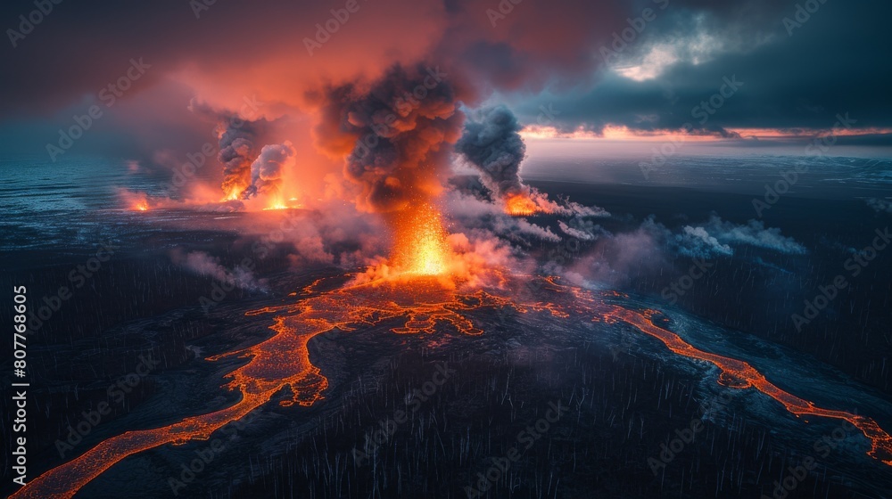 A volcano erupts with smoke and fire, creating a fiery scene
