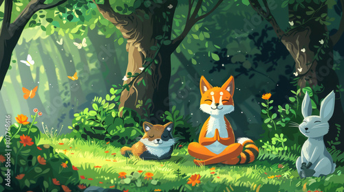 Animated fox and rabbit meditating in an enchanted forest, evoking tranquility and harmony with nature