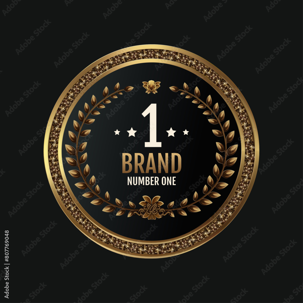 Fototapeta premium Vintage round logo template with a gold label, representing brand number one, set against a black background. A vector emblem or luxury gold sticker, symbolizing business guarantee.