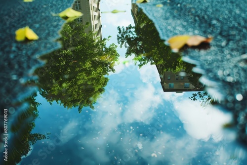 A reflection of a tree in a puddle of water