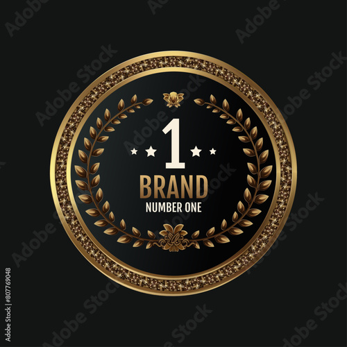 Vintage round logo template with a gold label, representing brand number one, set against a black background. A vector emblem or luxury gold sticker, symbolizing business guarantee.