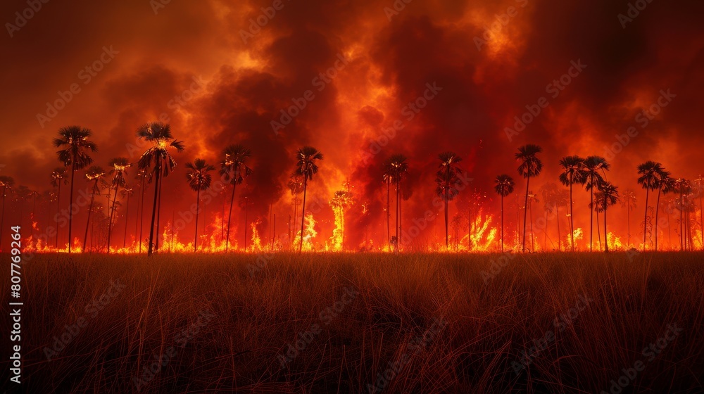 Fototapeta premium A field of dry grass is on fire, with palm trees in the background