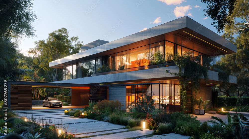A modern house with a large glass facade and a two-car garage with a private driveway and gate,