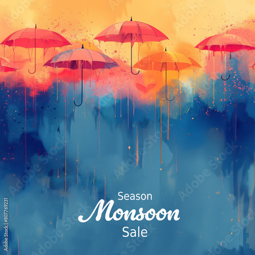 Artistic depiction of floating red umbrellas in a monsoon environment with surreal orange sky for a Season Sale