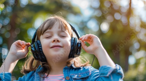 Little Girl With Headphones Listening to Music