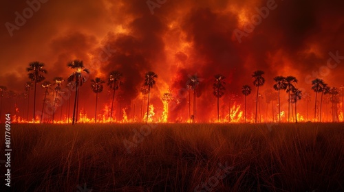 A field of dry grass is on fire  with palm trees in the background