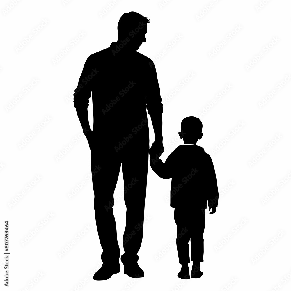 Dad and child standing together silhouette vector illustration isolated on a white background. Dad and child standing together silhouette vector illustration isolated on a white background.
