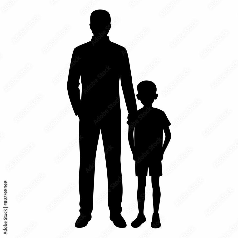  Dad and child standing together silhouette vector illustration isolated on a white background.