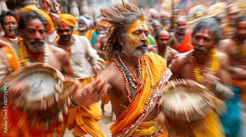 Dynamic Capture of a Traditional Indian Festival with a Holy Man in Motion, Surrounded by Drummers in Colorful Attire