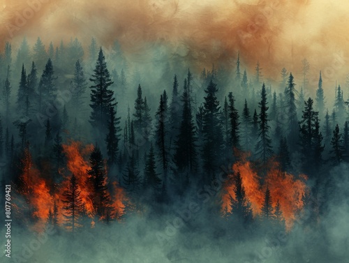 A forest fire is raging through a forest  with smoke