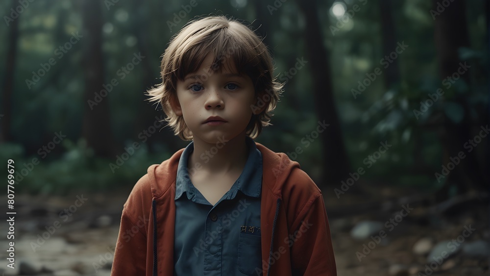 International Missing Children's Day, a sad little boy looking for a hope, peace and love, portrait of a boy in a forest International Missing Children's Day, a sad little boy looking for a hope, peace and love, portrait of a boy in a forest