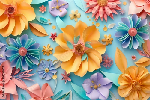 3d render  digital illustration  abstract colorful paper flowers  quilling craft  handmade festive decoration  vivid floral background  mint pink yellow