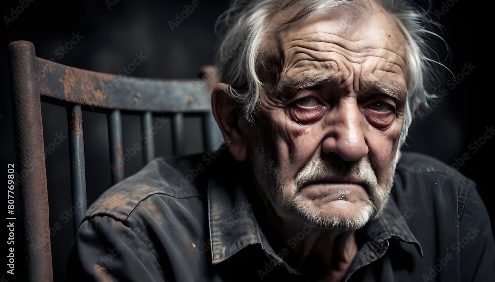 A close up shot of an old and man, look too tired and stressed, sitting on an old rusty chair, depicting depression. A close up shot of an old and man, look too tired and stressed, sitting on an old rusty chair, depicting depression.
