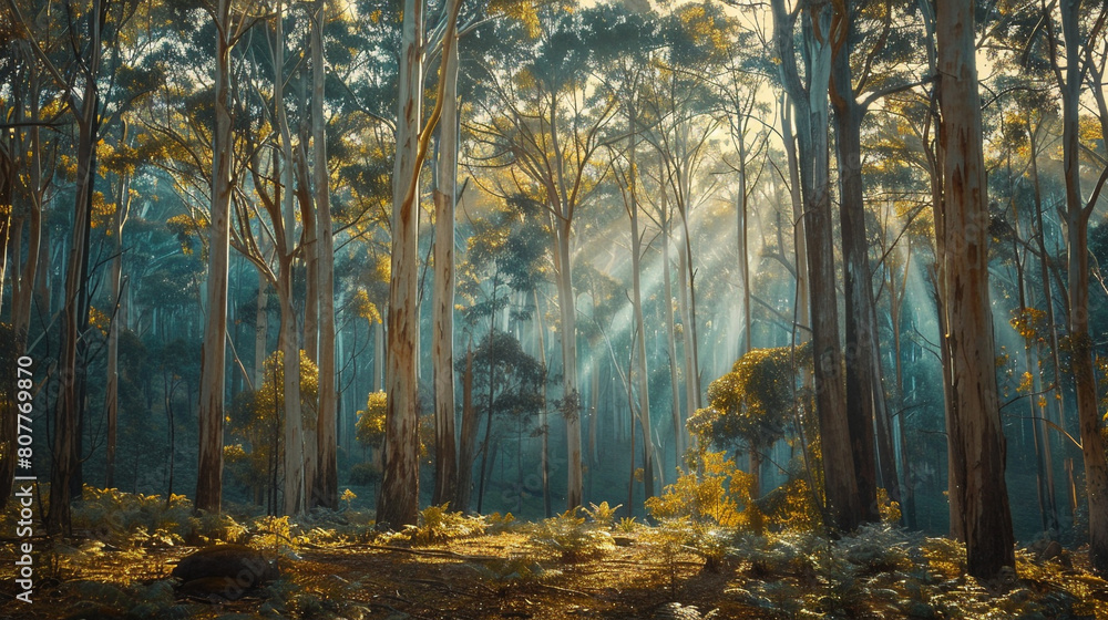 eucalyptus forest bathed in soft sunlight, with tall eucalyptus trees stretching towards the sky and casting dappled shadows on the forest floor, creating a tranquil and serene natural scene.