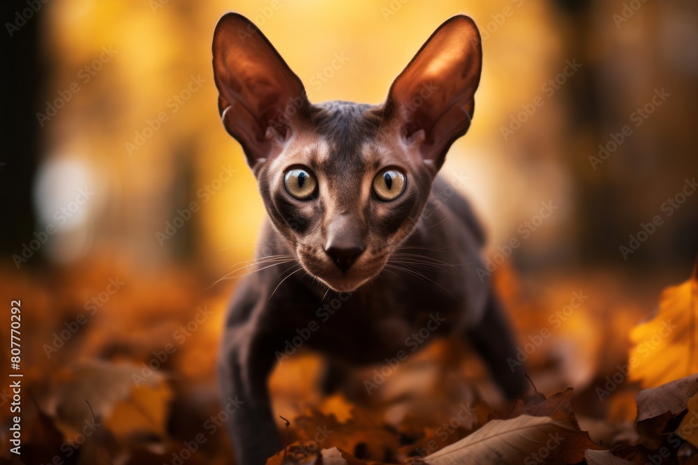 Lifestyle portrait photography of a curious oriental shorthair cat jumping isolated onn autumn foliage background