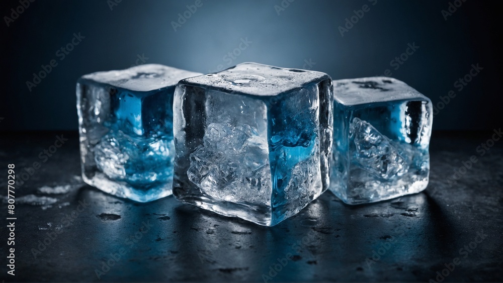 transparent ice cubes on ambient blue background transparent ice cubes on ambient blue background