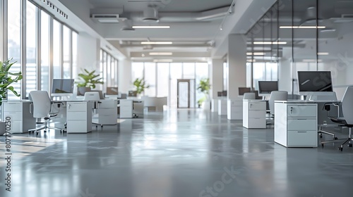 A modern office interior with white desks and chairs  featuring large windows that create an open space atmosphere. 