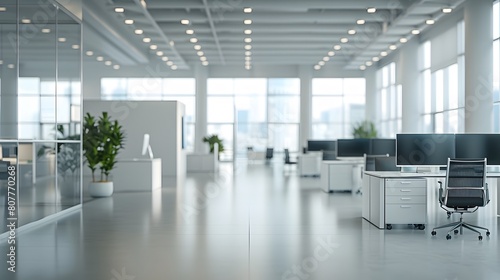 A modern office interior with white desks and chairs, featuring large windows that create an open space atmosphere. 