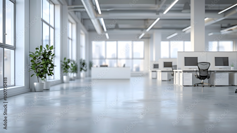 A modern office interior with white desks and chairs, featuring large windows that create an open space atmosphere. 