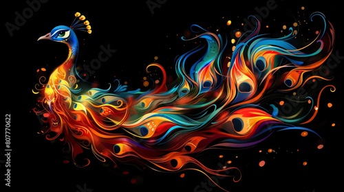A painting of a colorful peacock on a black background. A magical creature made of fire.