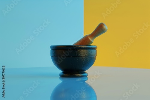 A black bowl with a wooden spoon in it
