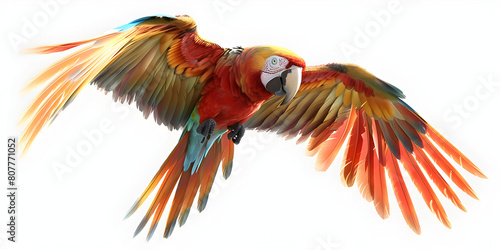 Scarlet macaw parrot flying isolated on white background, A parrot with a large wing that says macaw on it