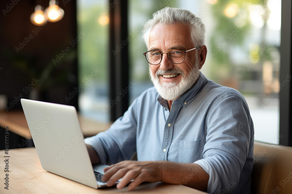 Portrait of happy elderly person browsing sms message modern netbook generative AI Portrait of happy elderly person browsing sms message modern netbook generative AI