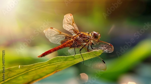 a Dragonflies perched on the leaf tip. generative ai © sobartea